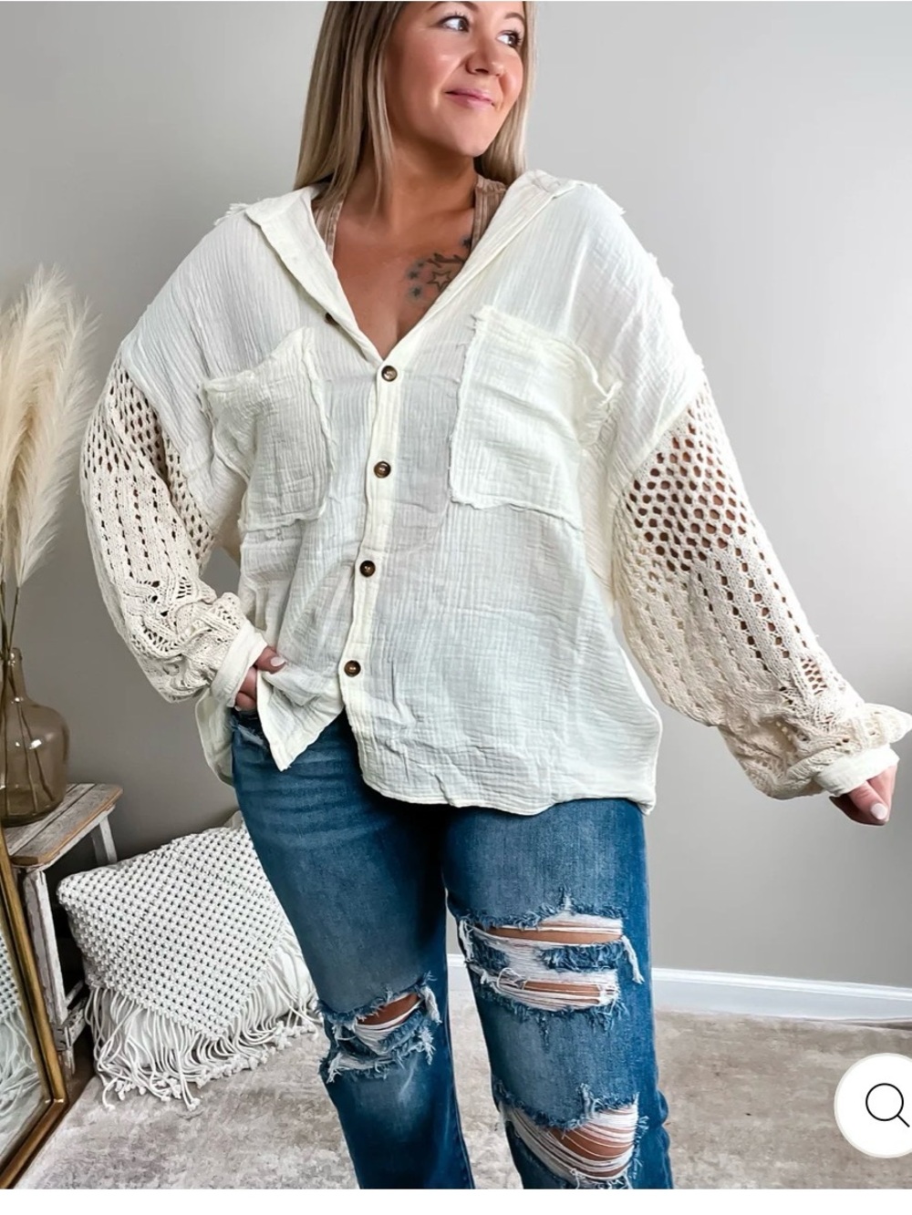POL Cream Button-Front Mixed-Stitch Shirt with Beige Crochet Sleeves